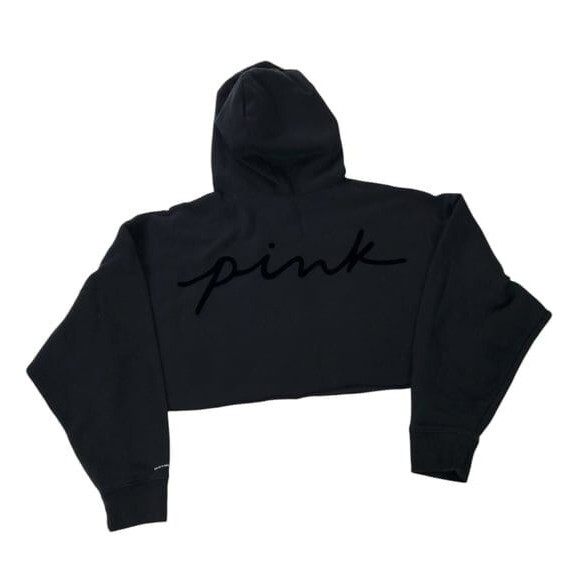 PINK Cropped Hoodie Small S Oversized Chloe Halle Black Pullover Active Shrt Top - Picture 1 of 4